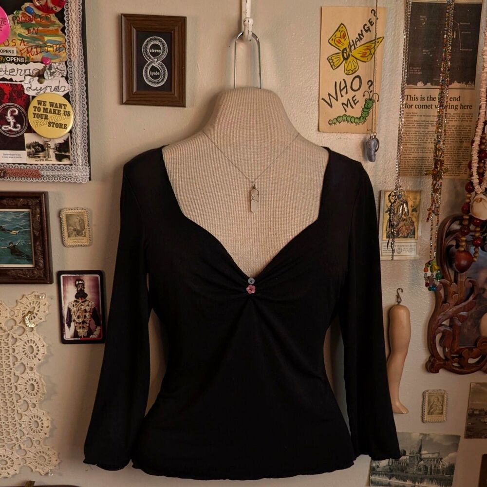 Faux Henley Sweetheart T-Shirt Women's Medium Solid Black